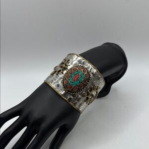 Silver Gold Tone Bracelet Cuff Red Blue Stones Hammered Southwestern Wide